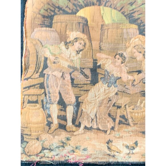 Vintage French Tapestry Square with Rustic Scene of Village Life - Picture 2 of 8